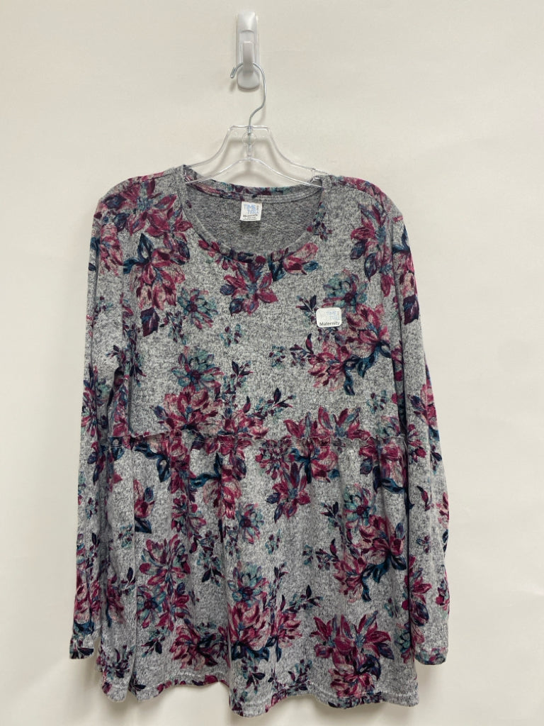 NWT Time and Tru Size L Gray Purple/Blue Flowers Maternity Top
