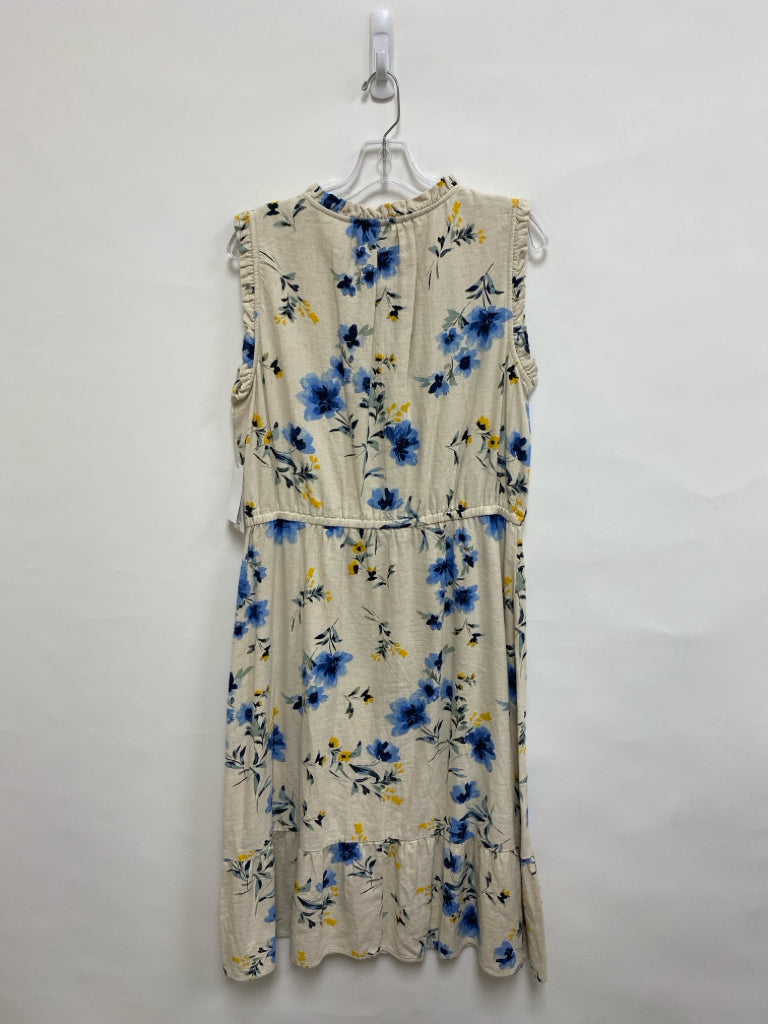 Liz Claiborne Size L Beige Yellow/Blue Flowers Sleeveless Ladies Dress