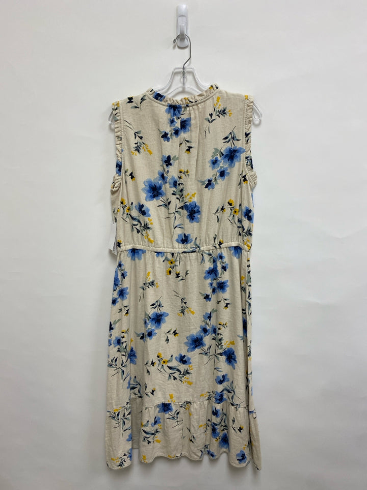 Liz Claiborne Size L Beige Yellow/Blue Flowers Sleeveless Ladies Dress