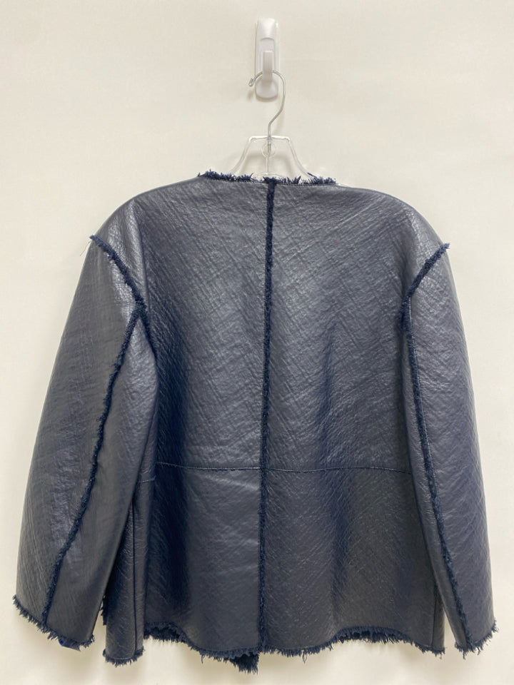 ST. JOHN Size 6 Navy Button Up Leather Ladies Jacket