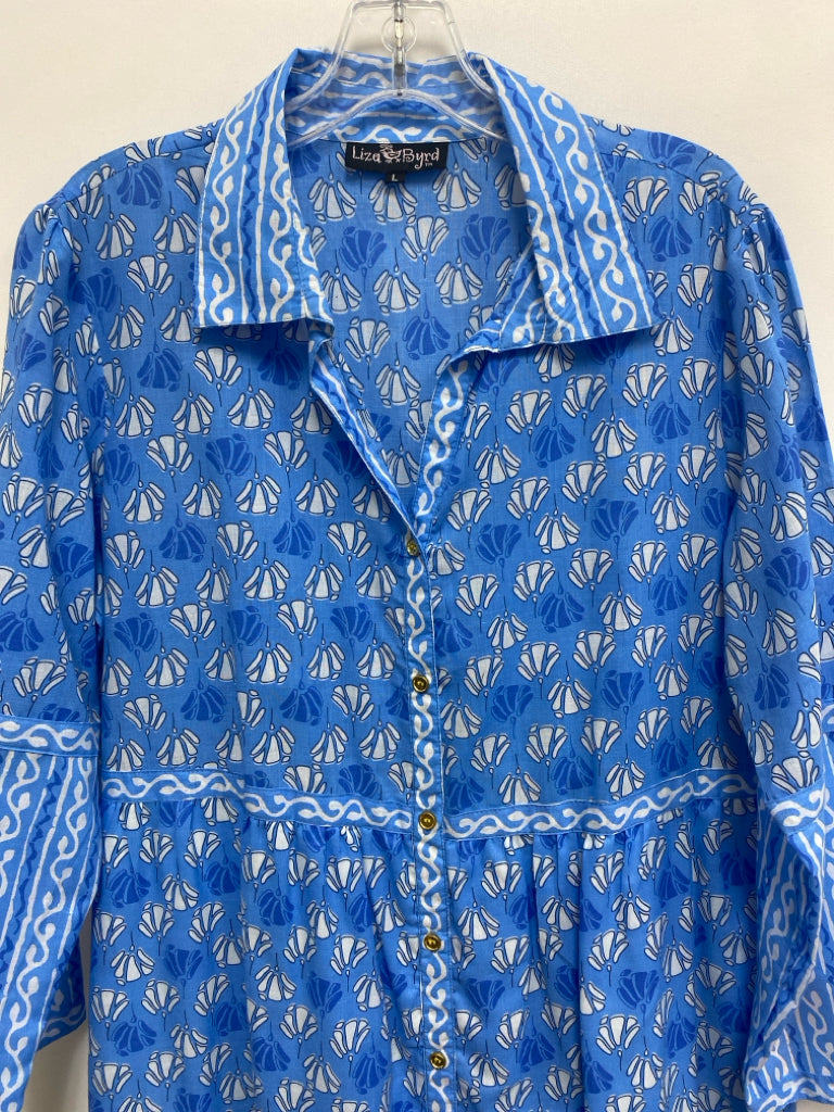 Size L Blue/White Assorted Print Button Up Cotton Ladies Dress