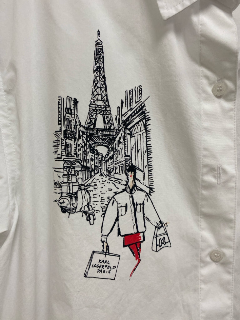 Karl Lagerfeld Size M White Black Paris Button Up Ladies Top