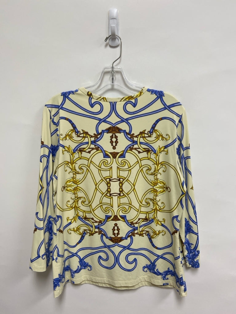 J McLaughlin Size XL Cream/Blue Brown/Gold Print 3/4 Sleeve Ladies Top