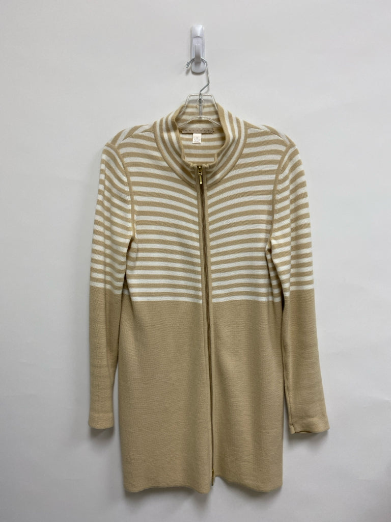 Belford Size M Beige White Stripes Zip Down Ladies Sweater