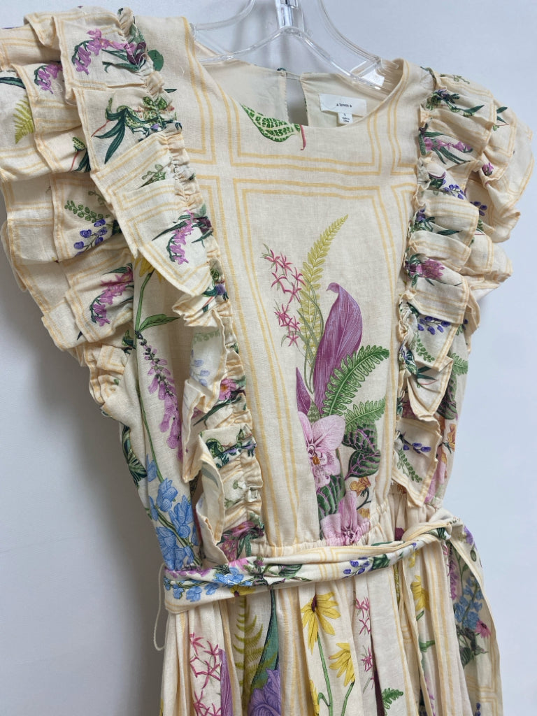 a loves a Size S Cream/Green Purple/Multi Ruffles Maxi Linen Blend Ladies Dress
