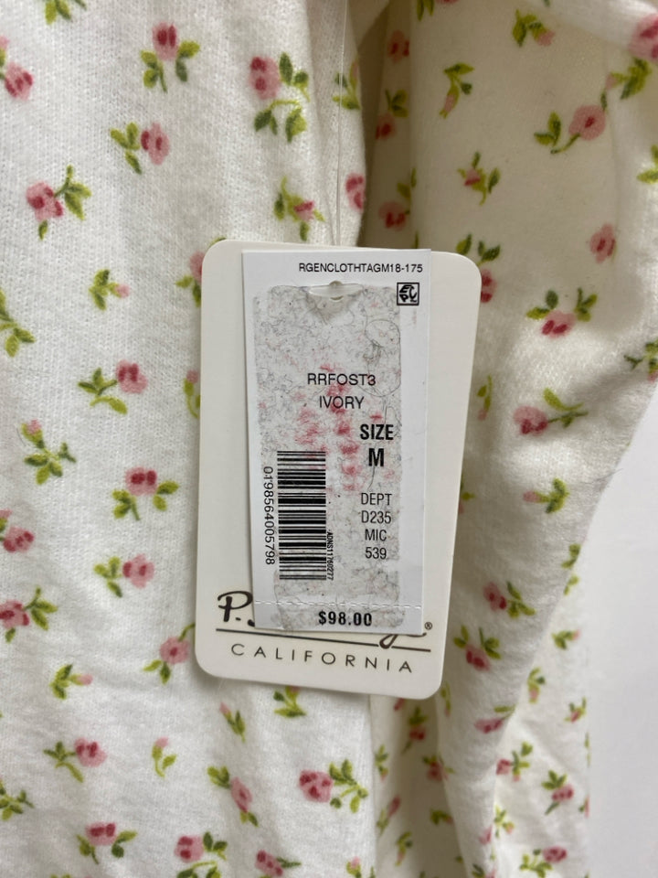 NWT Size M Cream Pink/Green Flowers Fleece Ladies 2pc Pajamas