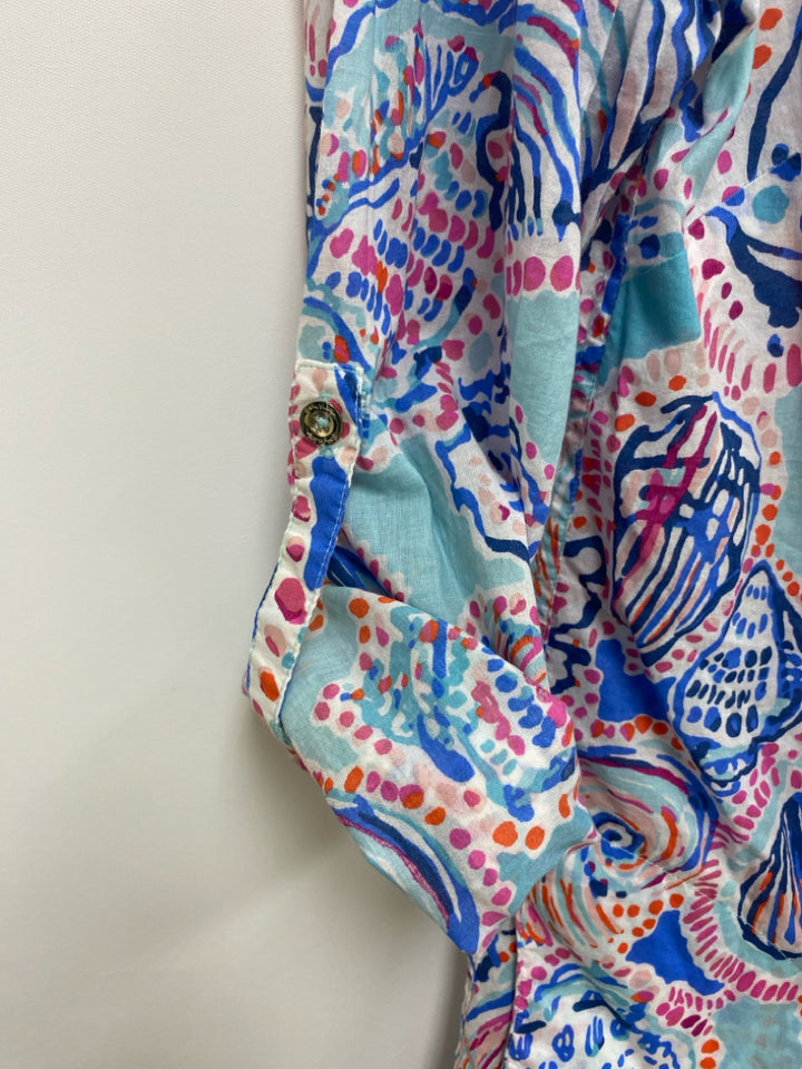 LILLY PULITZER Size M Aqua/Pink Orange/Blue Shells Button Up Ladies Coverup