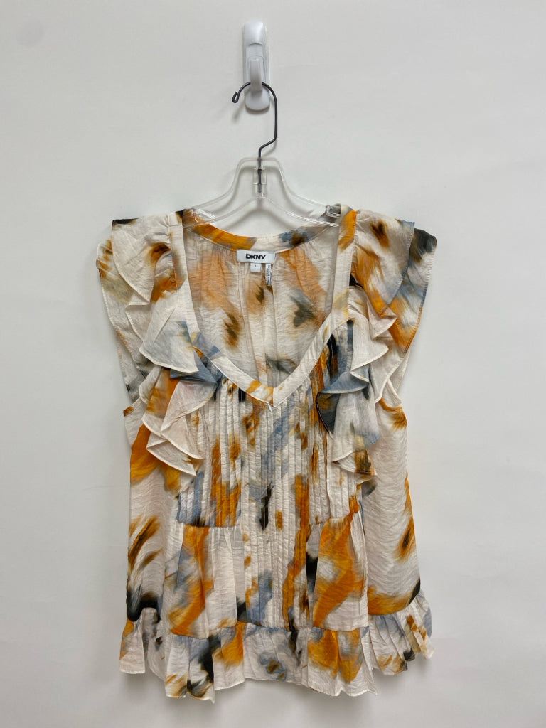 DKNY Size L White Orange/Black Ruffles Ladies Top