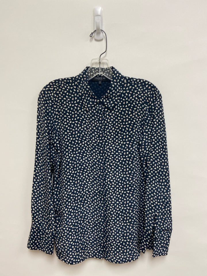 LAFAYETTE 148 Size XS Navy Tan Print Button Up Silk Ladies Top