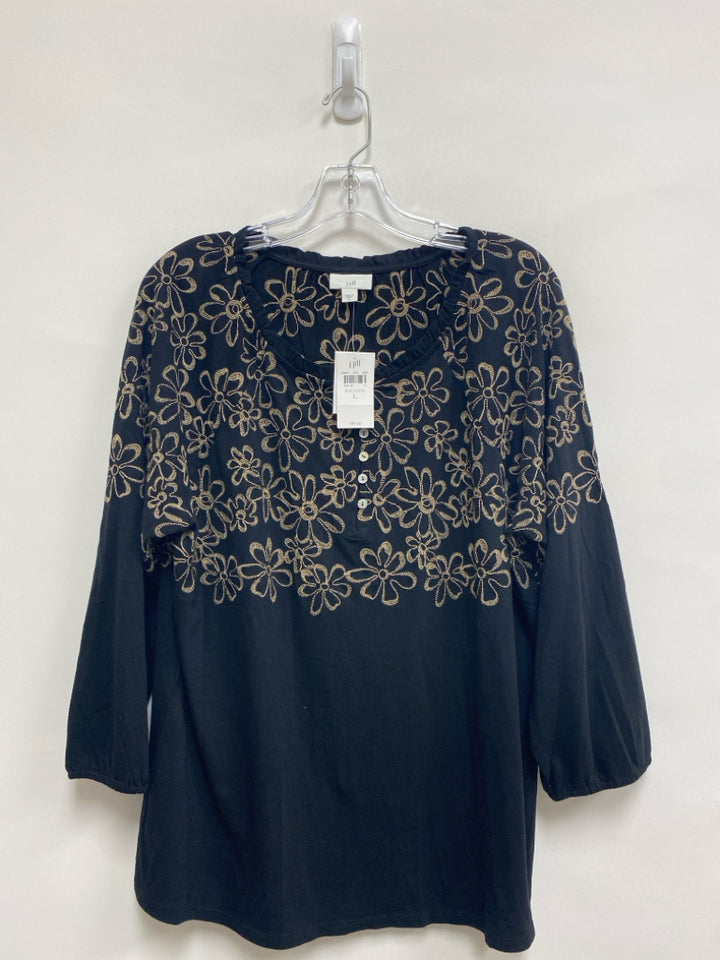 NWT J Jill Size L Black Beige Embroidered 3/4 Sleeve Ladies Top