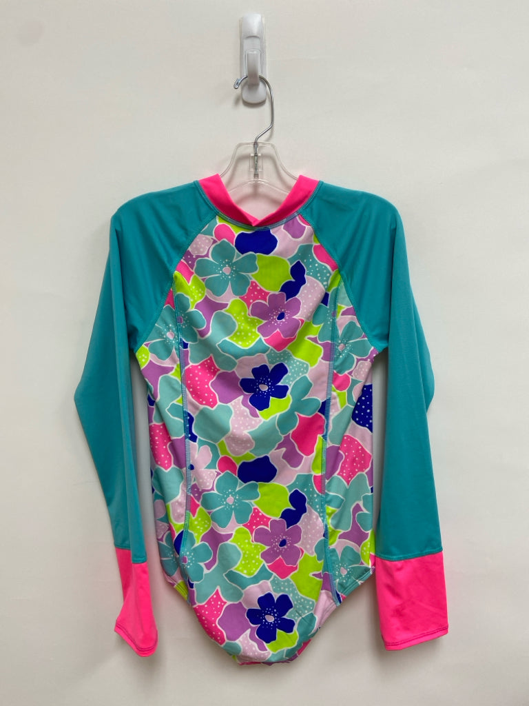 Lands End SIZE 14 Aqua/Pink Purple/Green Flowers Girl&
