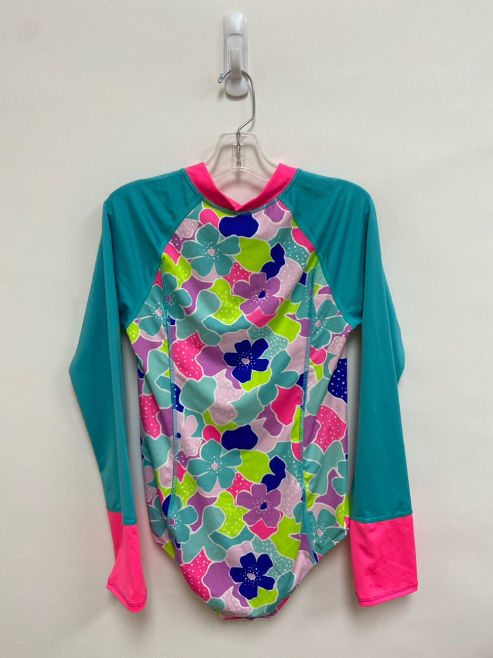 Lands End SIZE 14 Aqua/Pink Purple/Green Flowers Girl&