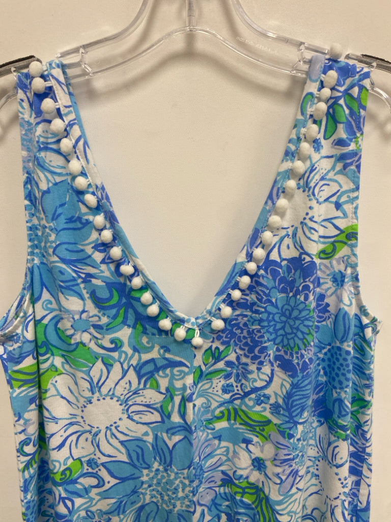 LILLY PULITZER Size M White/Blue Periwinkle Sunflower Sleeveless Ladies Dress
