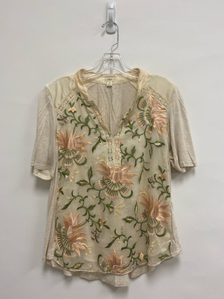 Tiny Size S Beige Green/Multi Flowers Embroidered Ladies Top