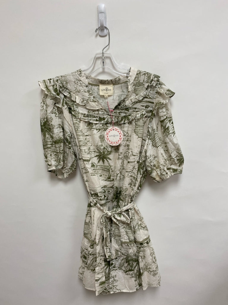 NWT Umgee Size L Cream Olive Green Ruffles Puff Sleeve Ladies Dress