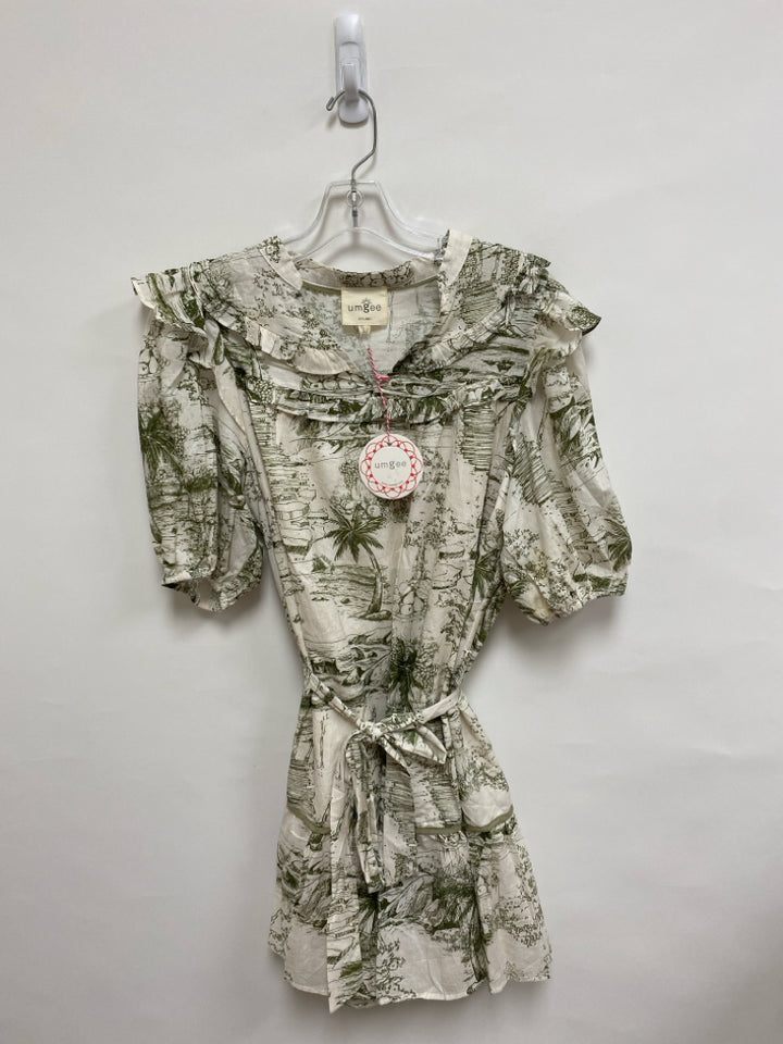 NWT Umgee Size L Cream Olive Green Ruffles Puff Sleeve Ladies Dress