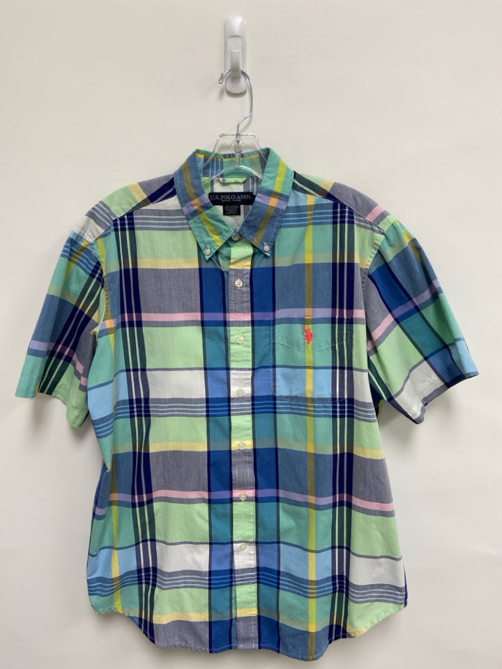 U.S. POLO ASSN. Size M Aqua/Navy Blue/Yellow Plaid Men&