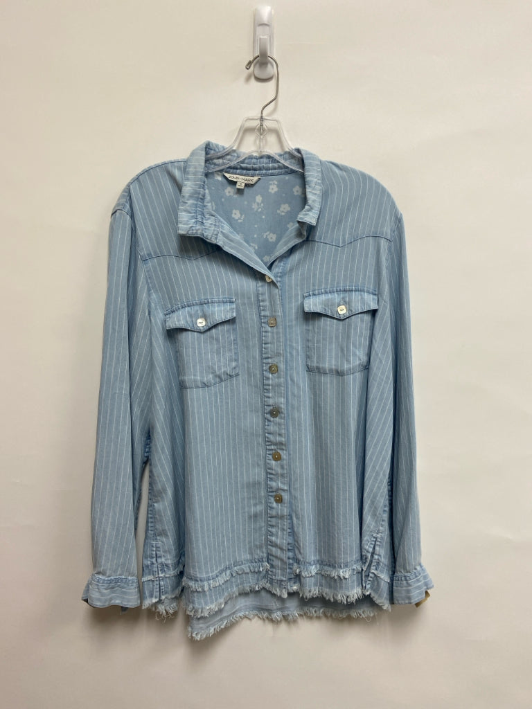 JOHN MARK Size L Powder Blue White Stripes Chambray Ladies Top