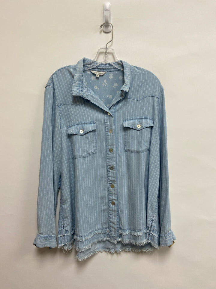 JOHN MARK Size L Powder Blue White Stripes Chambray Ladies Top