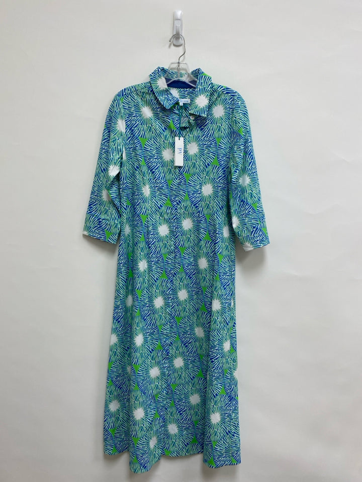 NWT Perlavera Size S Green Blue/White Print Ladies Dress