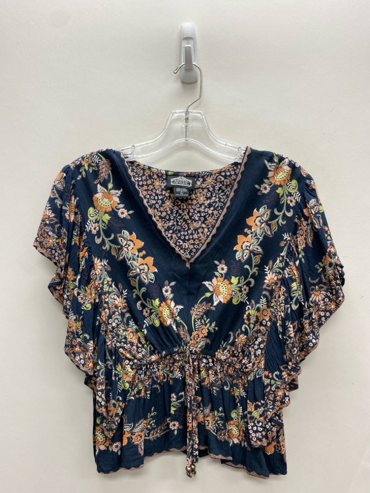 ANGIE Size L Navy/Green Orange/Brown Ruffles Cropped Ladies Top