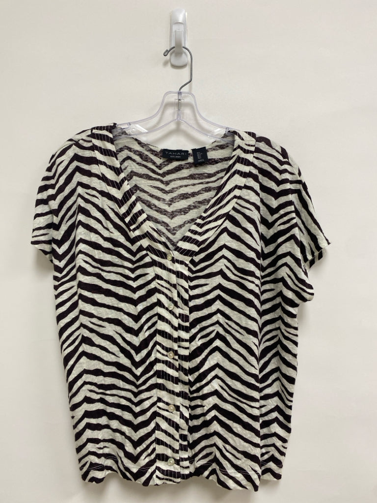 Tahari Size L Cream/Brown Animal Print V Neck Linen Ladies Top