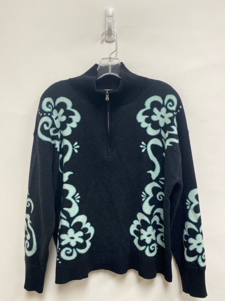 Jodifl Size M Black Aqua Floral Quarter Zip Ladies Sweater