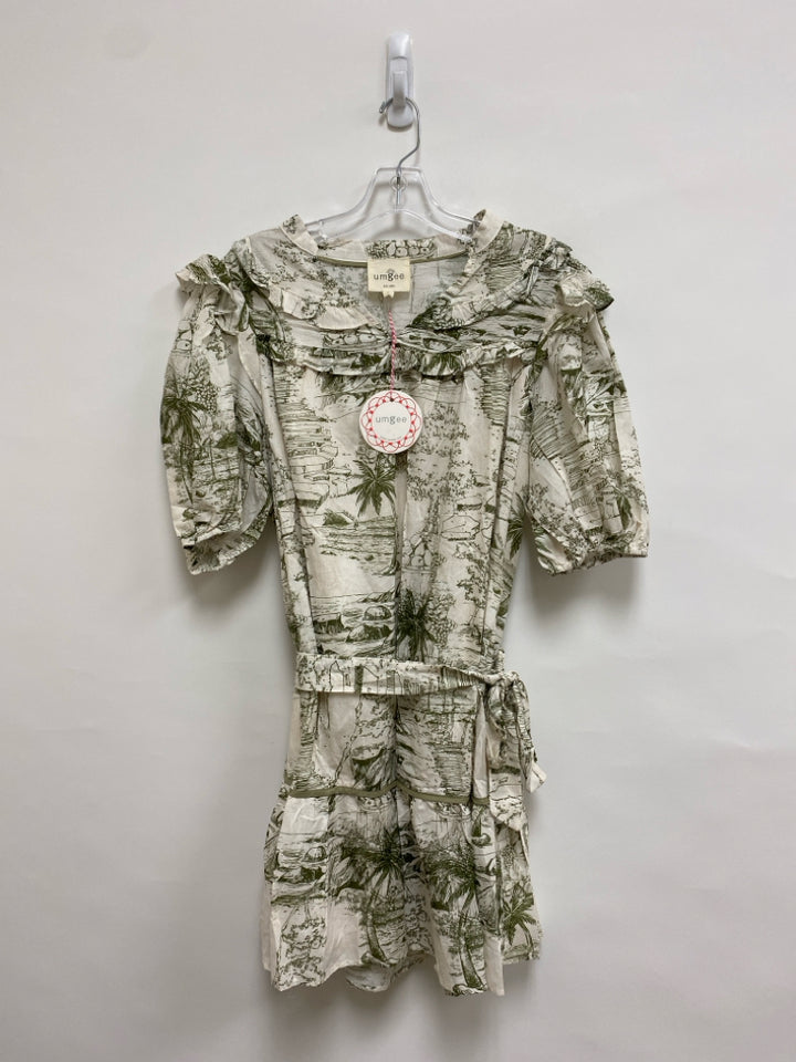 NWT Umgee Size L Cream Olive Green Landscape Puff Sleeve Ladies Dress