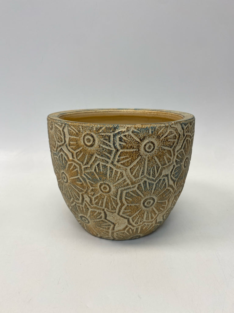 Tan Blue Flowers Ceramic Planter