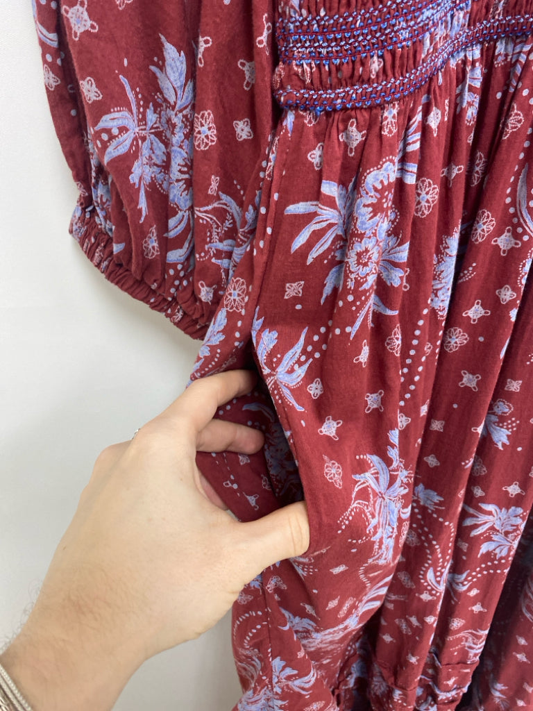 Free People Size S Dark Red Dark Periwinkle Floral Puff Sleeve Ladies Dress