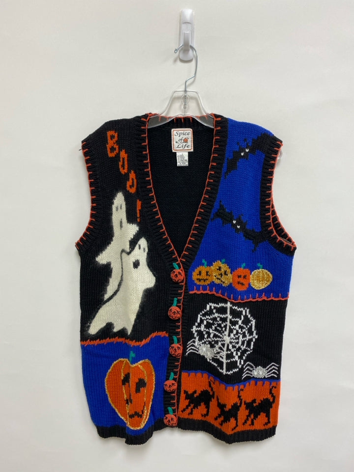 Size L Black/Blue Orange Halloween Button Down Ladies Sweater Vest