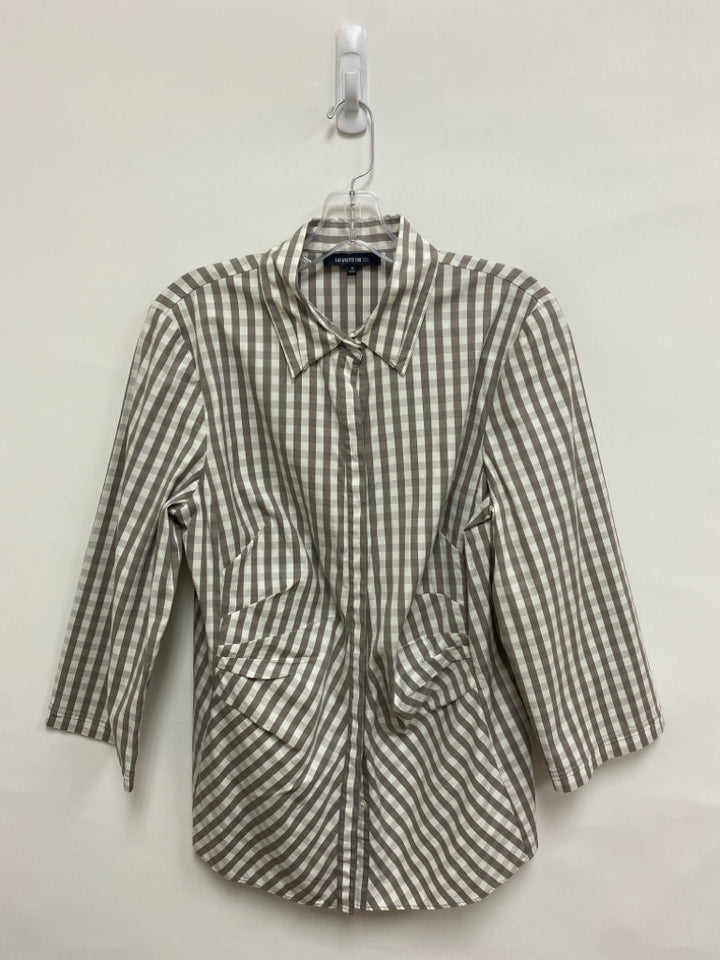 LAFAYETTE 148 Size 12 White Taupe Checkered Button Up Ladies Top