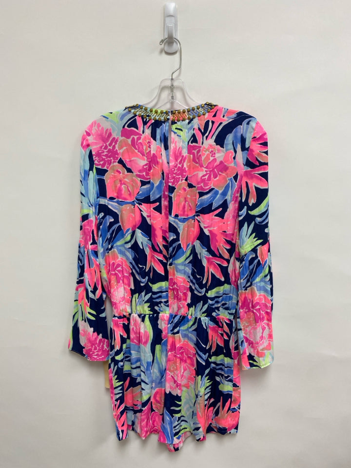 LILLY PULITZER Size S Navy/Pink Blue/Green Bell Sleeves Silk Ladies Romper