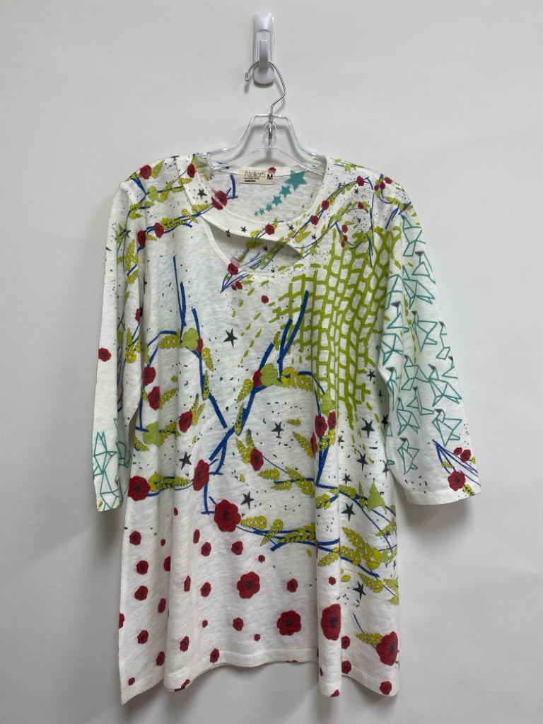Atelier 5 Size M White/Green Red/Blue Abstract 3/4 Sleeve Ladies Sweater