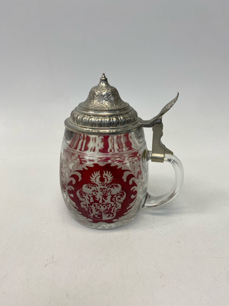 Clear Red/Silver Glass Stein
