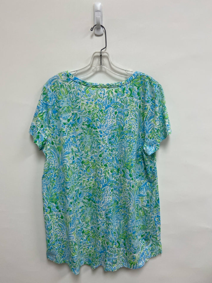 LILLY PULITZER Size XL White Green/Blue Floral Ladies Top