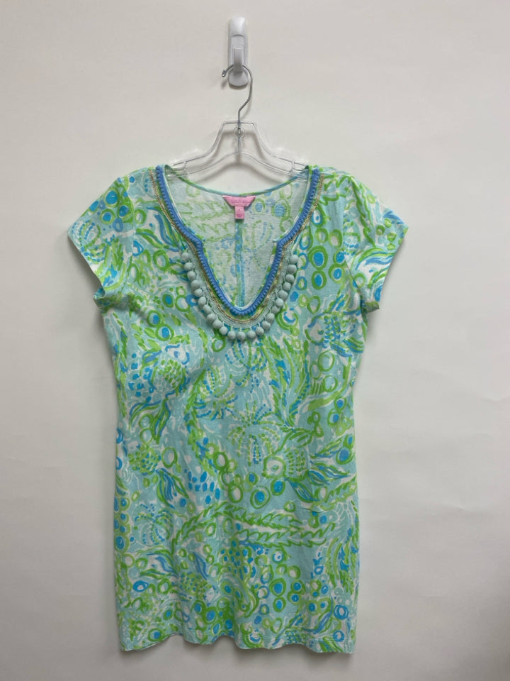 LILLY PULITZER Size L Blue/White Green Pom Poms V Neck Ladies Dress