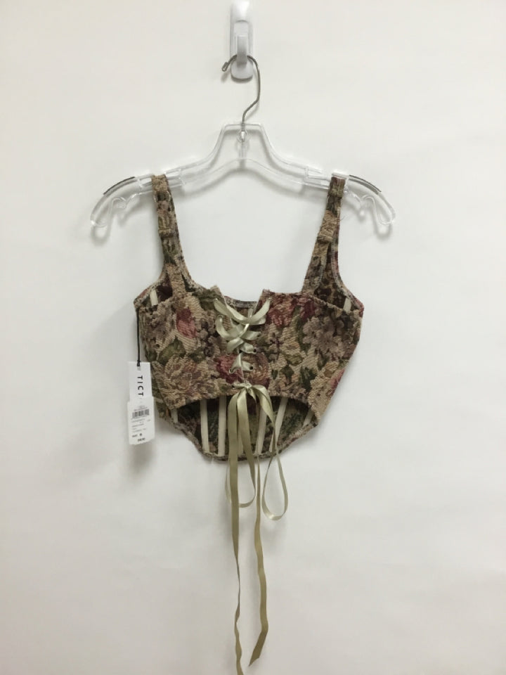 NWT WINDSOR Size S Tan Brown/Green Flowers Cropped Ladies Top