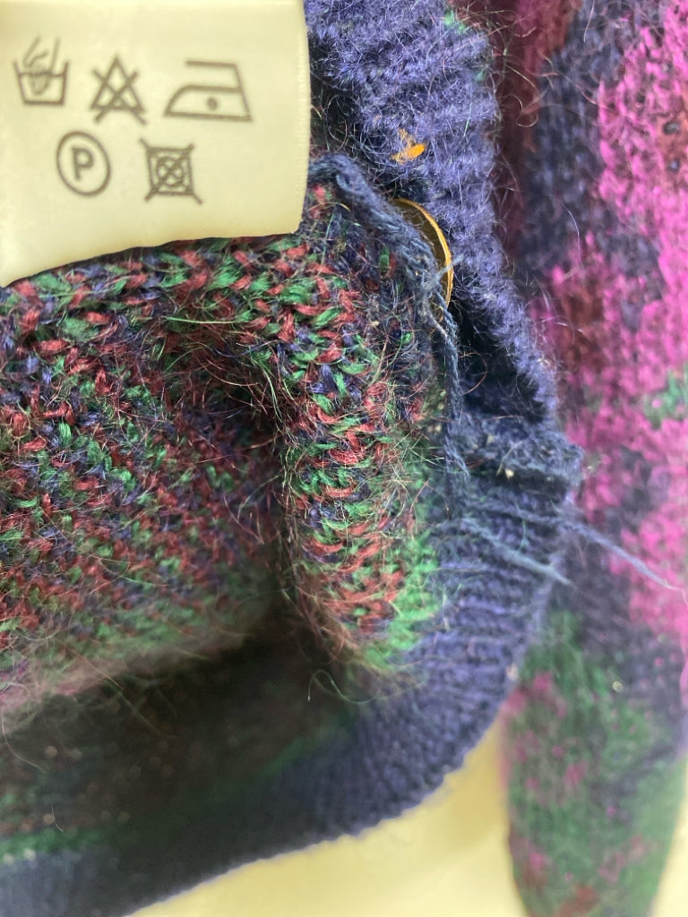 Size L Navy/Green Purple Floral Cardigan Mohair Ladies Sweater