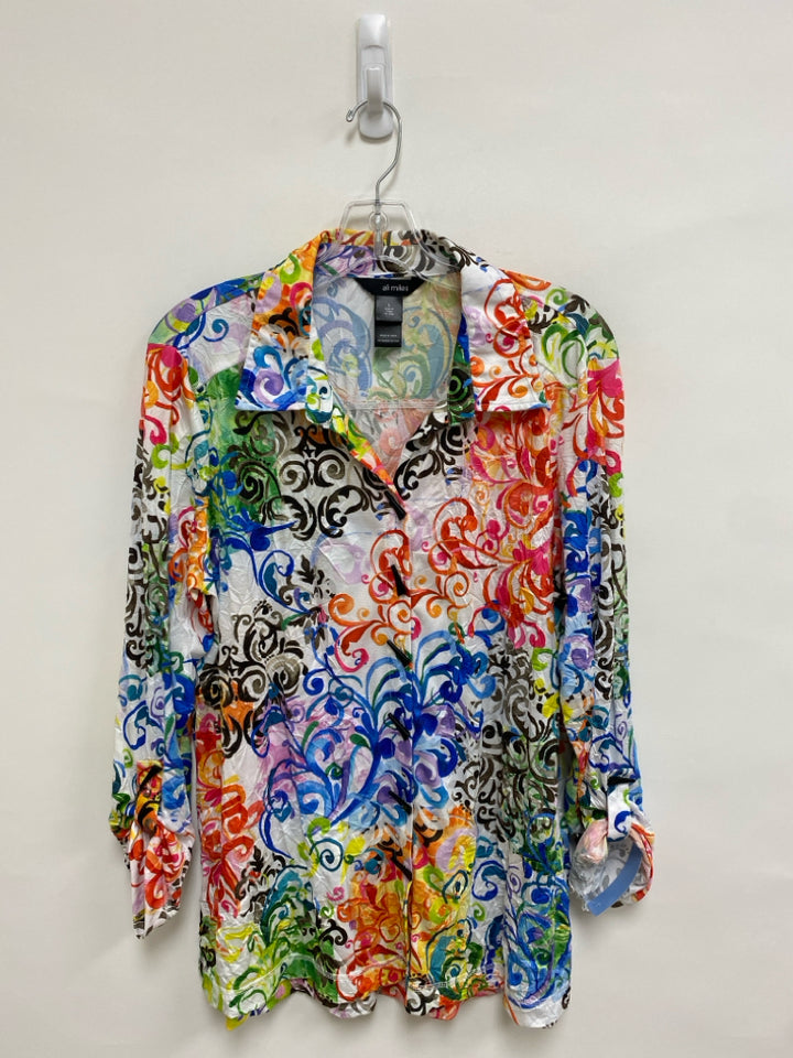 Ali Miles Size L White Primary Colors Swirl Button Up Ladies Top