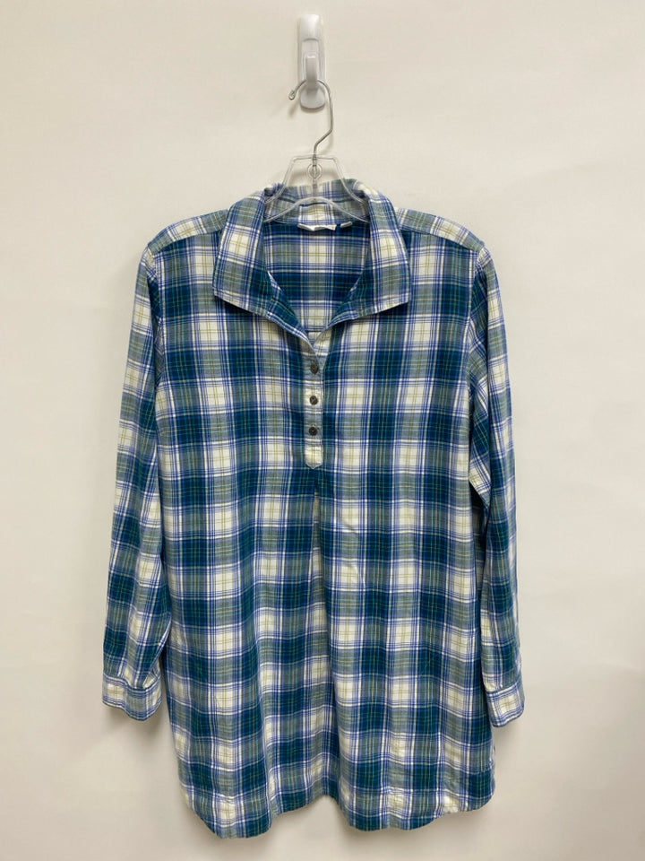 J Jill Size L Teal Blue White Plaid Tunic Ladies Top