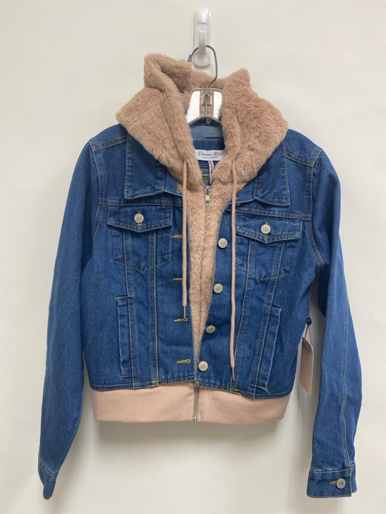 NWT Size M Blue Pink Hooded Button Up Faux Fur Ladies Jacket