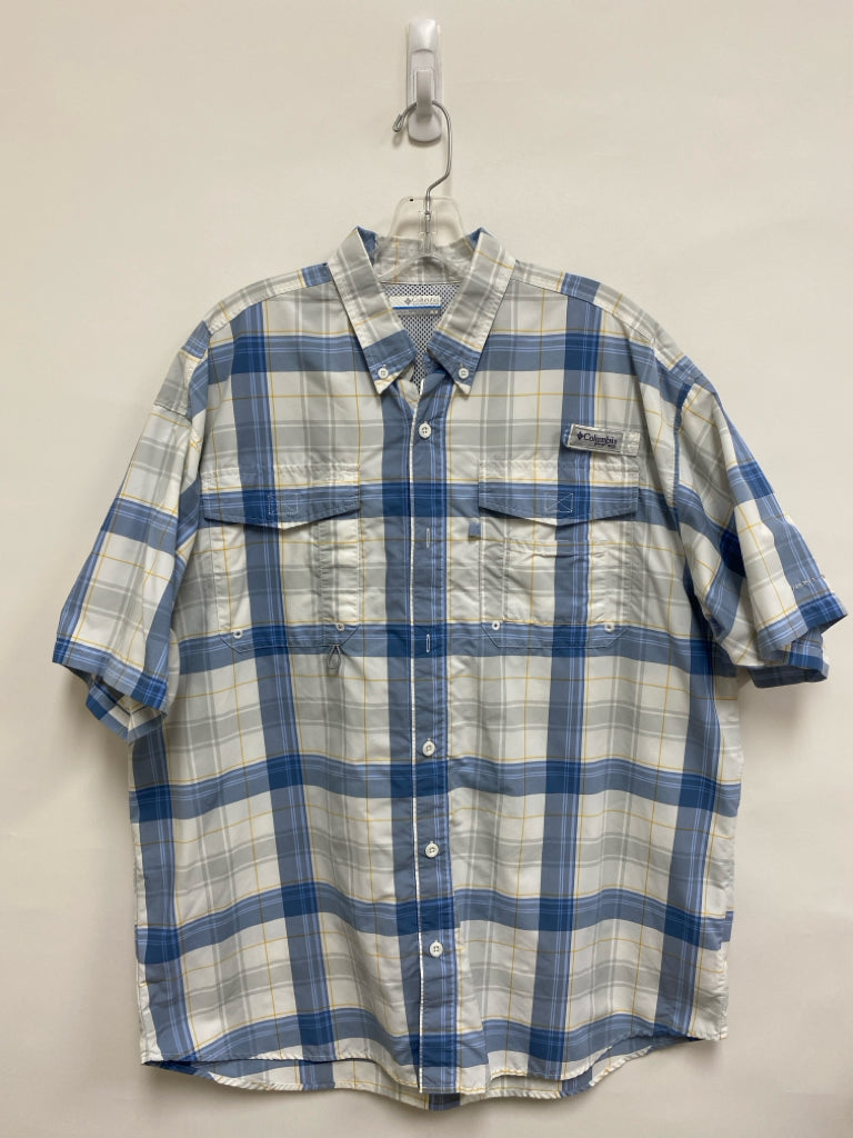 Columbia Size M White Blue/Yellow Plaid Button Up Men&
