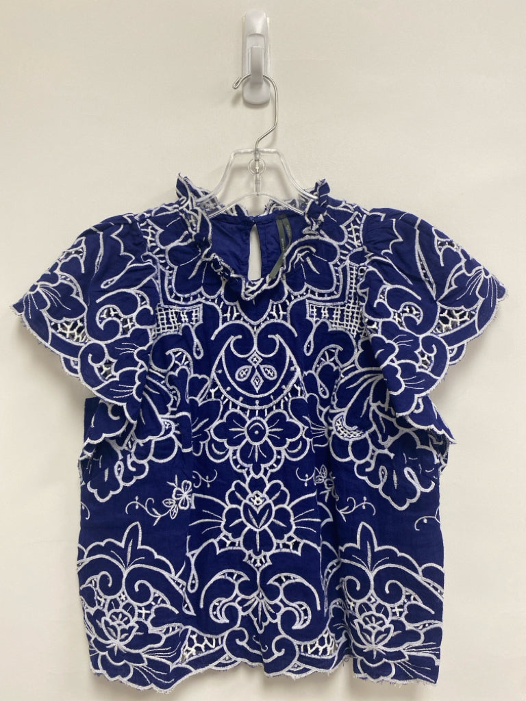 Anthropologie Size XS Navy White Acanthus Linen Blend Ladies Top