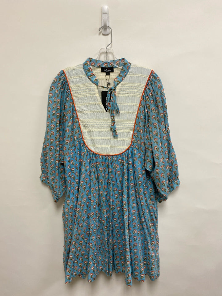 NWT GiGiO Size L Blue/Cream Coral/Brown Flowers Puff Sleeve Ladies Dress