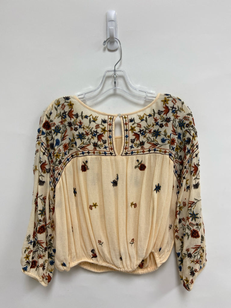 Free People Size M Cream Olive/Brown Embroidered Ladies Top