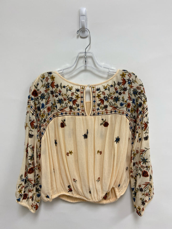 Free People Size M Cream Olive/Brown Embroidered Ladies Top