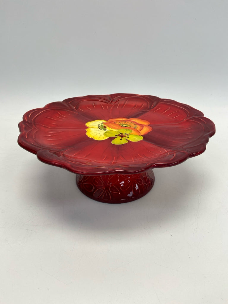 Red Orange/Yellow Flowers Ceramic Cake Plate/Stand