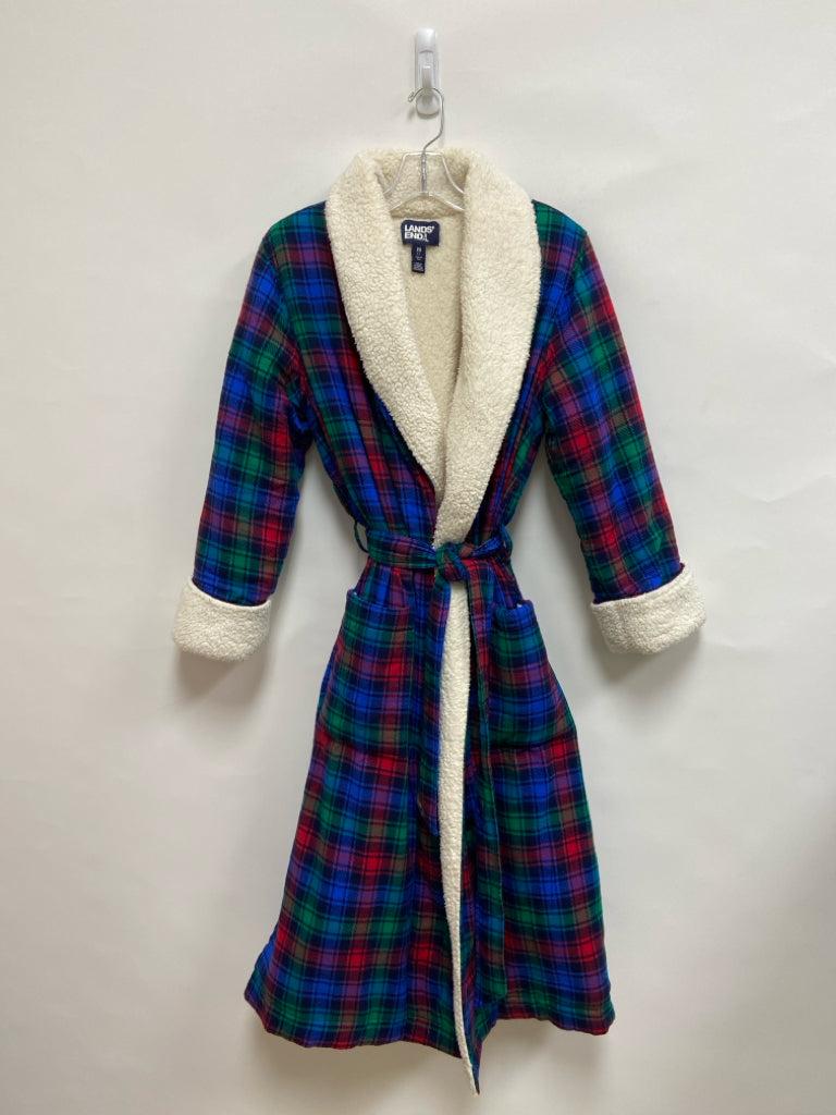 Lands End Size XS Blue Green/Red Plaid Sherpa Ladies Robe