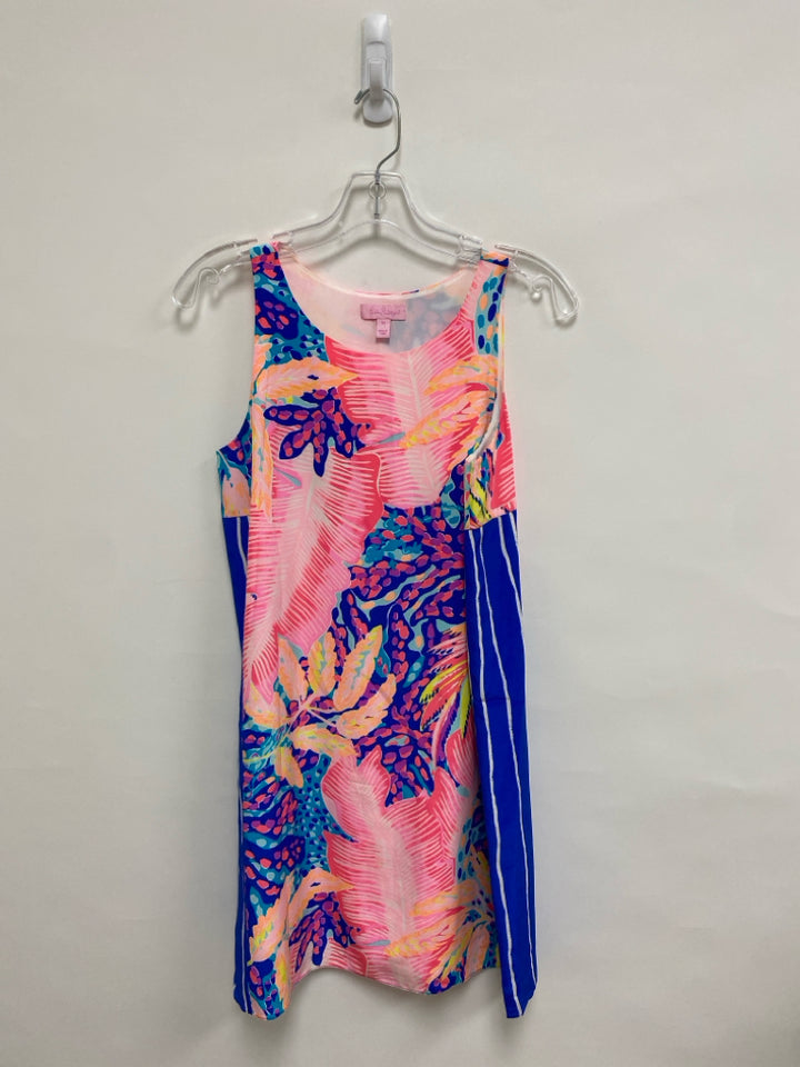 LILLY PULITZER Size XS Peach Pink/Blue Leaves Sleeveless Silk Ladies Dress